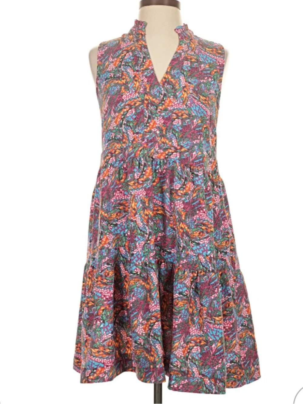 Gibsonlook Sleeveless V-Neck Tiered Dress in Purple, Orange & Blue Floral Print